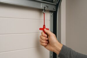 close up of hand pulling emergency release cord on an electric garage door