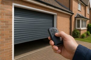 An automated roller garage door being opened by a man holding a garage door remote control
