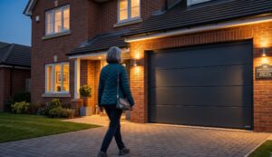 Modern dark grey sectional garage door installed on a brick property with warm exterior lighting.